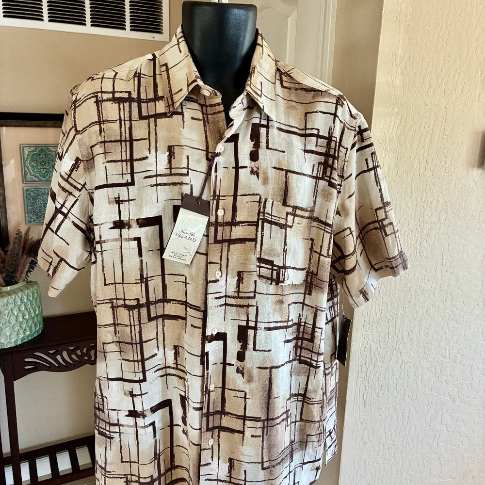 NWT Tasso Elba Island Shirt Silk Linen Blend Brown Tan Abstract Design Pocket L